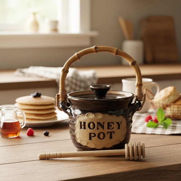 Studio Art Pottery Honey Pot With Lid And Dipper, Bamboo Handle, Signed - Picture 1 of 11